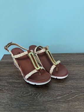 MIA Braided T-Strap Wedge Sandals in Cream and Brown with Gold Accent Size 8 W